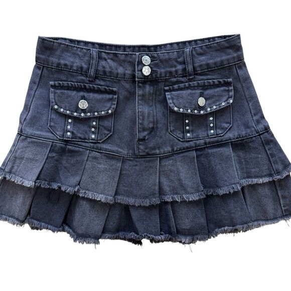 Hot Topic Social Collision Mini Skirt Medium Ruffle Black Rhinestone Tiered Star - Picture 1 of 9